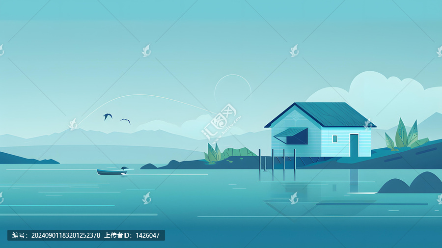 湖邊小屋的藍(lán)天白云