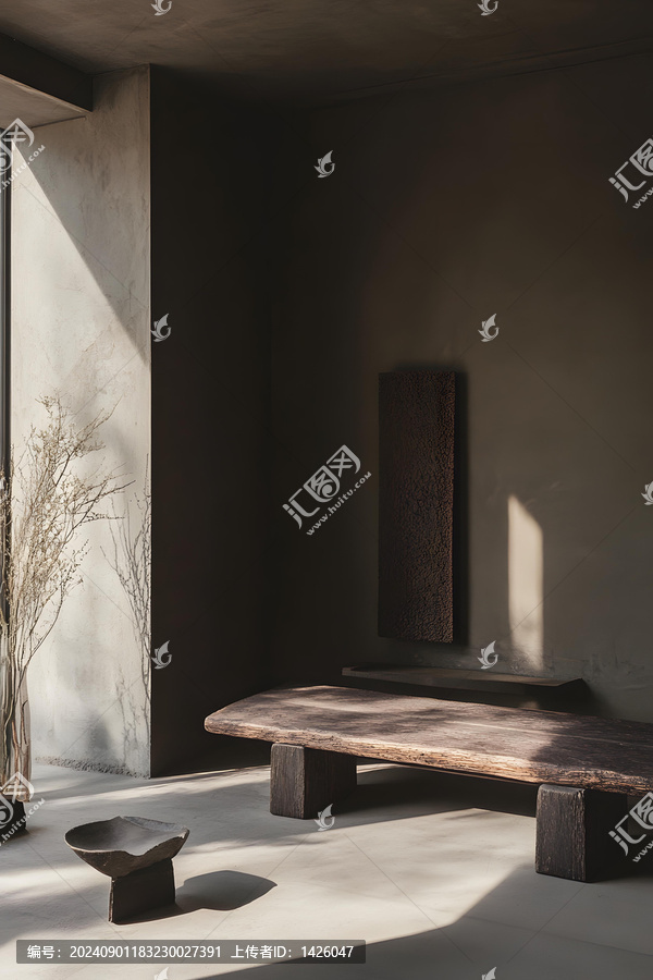 極簡風(fēng)格室內(nèi)設(shè)計：木質(zhì)長凳與抽象墻面藝術(shù)