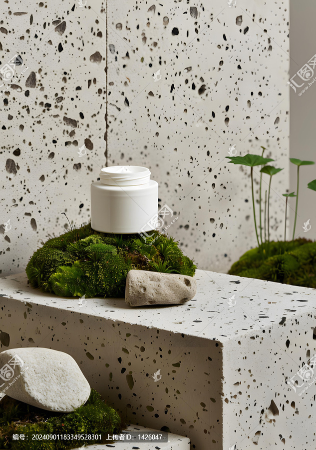 簡(jiǎn)約風(fēng)格苔蘚石頭上帶蓋的白色罐子