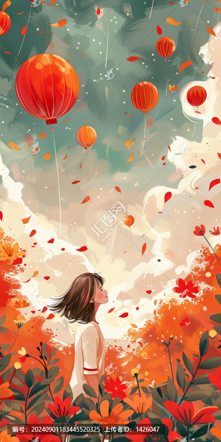 女孩仰望天空中的紅色氣球和飄落的樹葉