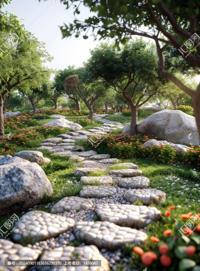 曲折的石板路穿過(guò)郁郁蔥蔥的花園