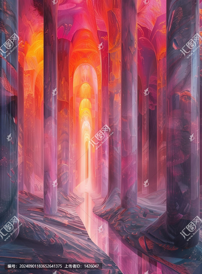 夢幻般的晶體柱矗立在超現(xiàn)實的夢境中