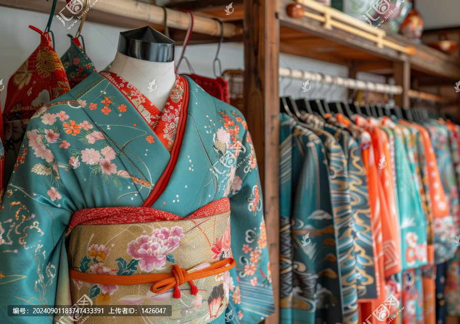 一間店鋪里展示的花卉圖案和服