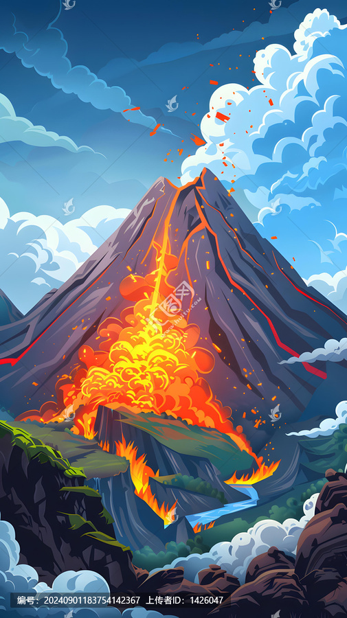 火山爆發(fā)熔巖流和煙霧云