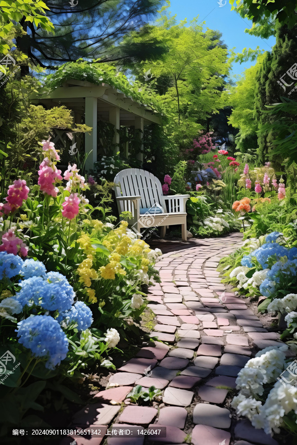 美麗的花園小屋與白色長椅