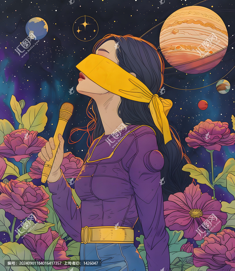 宇宙之歌：一位蒙著眼睛的女子在星空歌唱