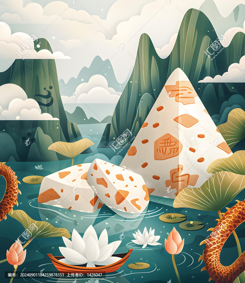 一只龍飛過一個(gè)漂浮在湖泊中的金字塔形狀的粽子，周圍是山脈