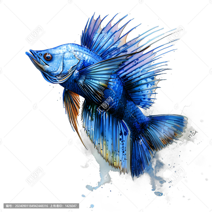 [免摳素材]水彩畫的藍色魚