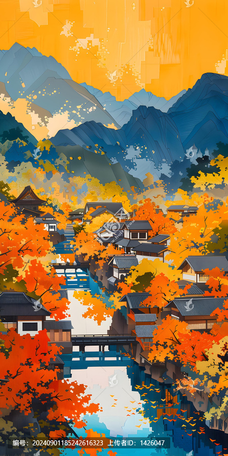 金色秋天山村河流風景