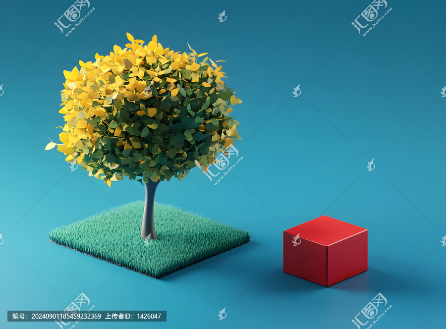 3D渲染簡約樹木草地與紅色方塊