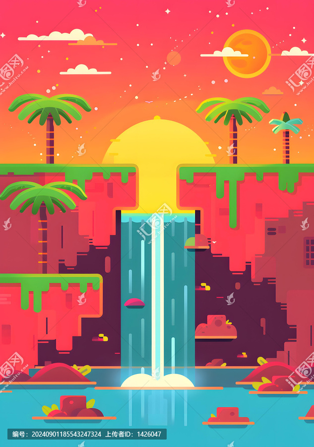 像素風(fēng)格日落瀑布風(fēng)景