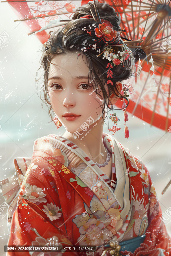 一個穿著紅色和服撐著傘的美麗日本女孩