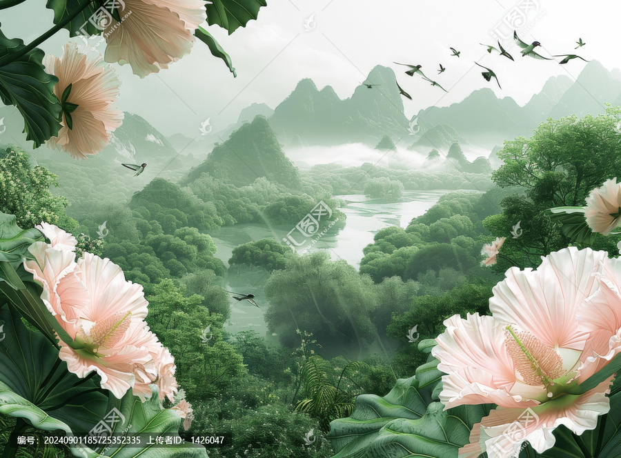 山間粉花綠葉