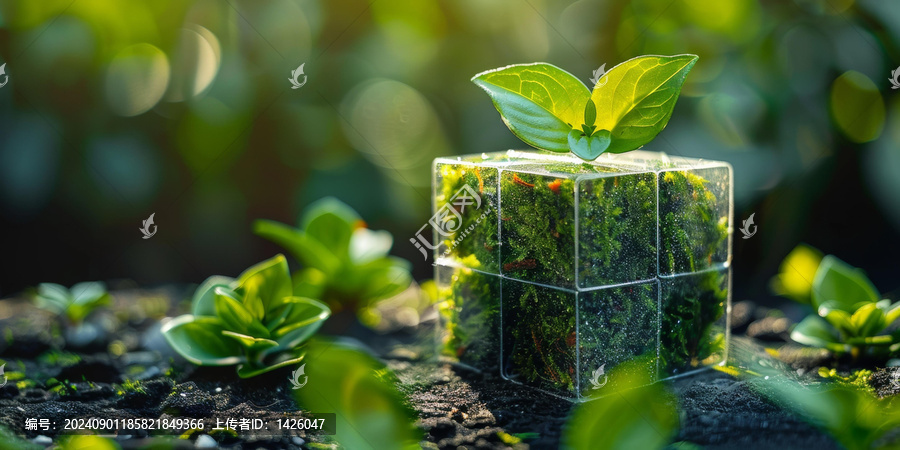 一個植物在玻璃立方體中生長的渲染圖