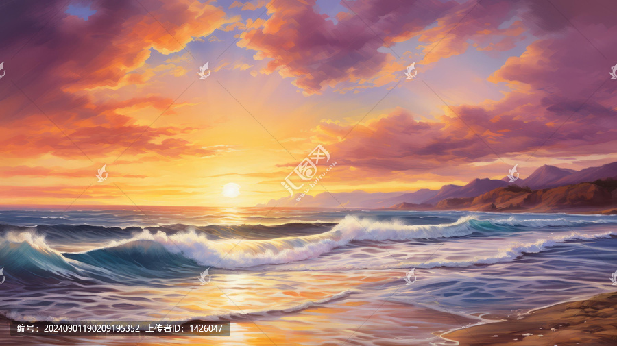 夕陽西下海面波光粼粼海浪拍打著海岸