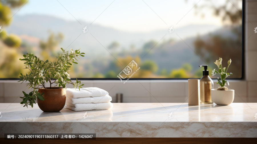 大理石桌子上的白色毛巾盆栽和陶瓷皂液器