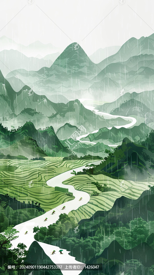 雨中梯田鄉(xiāng)村風景