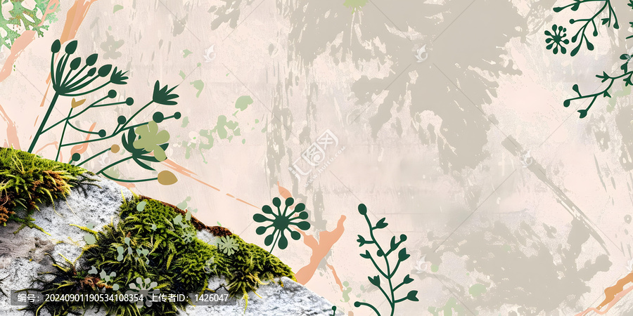 石紋背景上的綠色植物抽象藝術