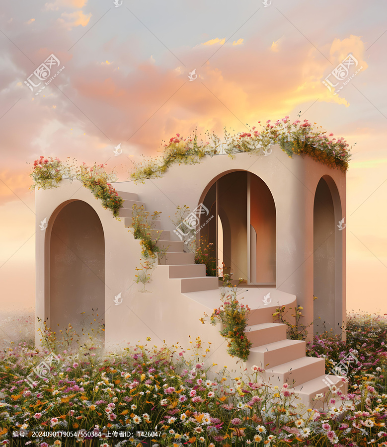 粉色極簡主義建筑，拱形門和樓梯被鮮花覆蓋