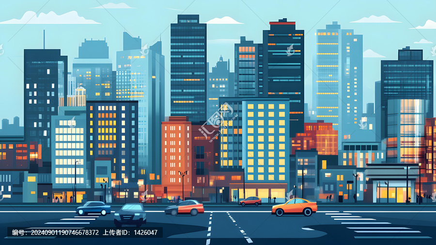 夕陽下繁華都市的摩天大樓和汽車
