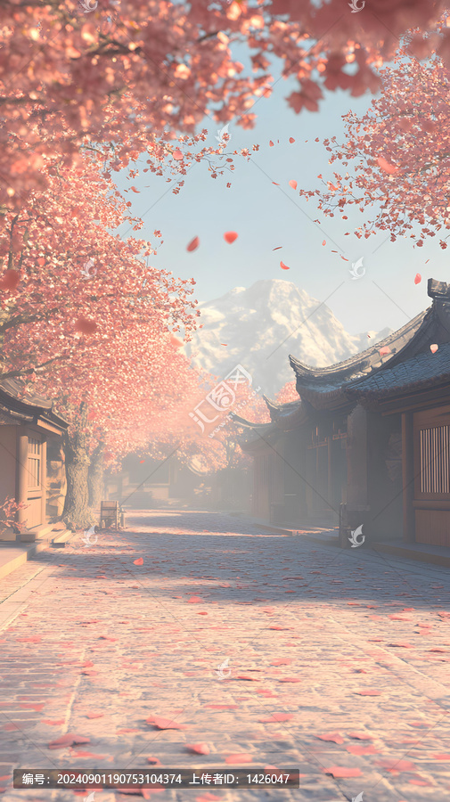 春意盎然的古鎮(zhèn)街道，粉紅色的花朵和寶塔