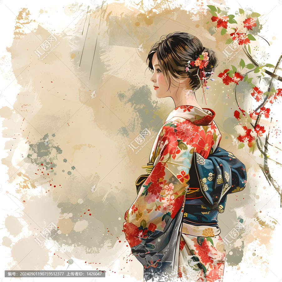 櫻花樹下穿著和服的美麗