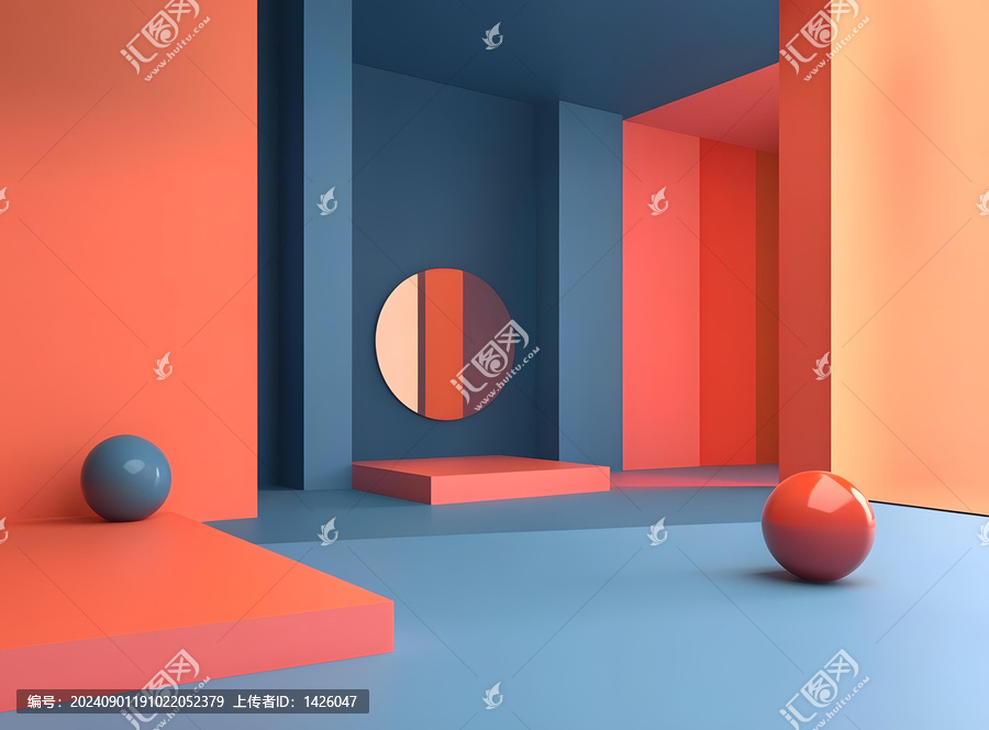 抽象幾何圖形,藍(lán)色橙色3D極簡主義背景