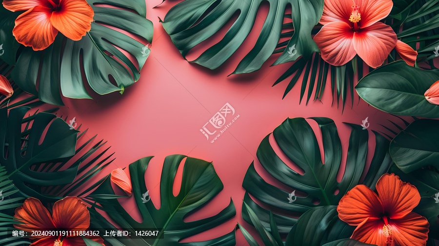 粉色背景上的熱帶花卉圖案