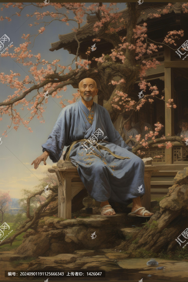 老人坐在櫻花樹下的巖石上