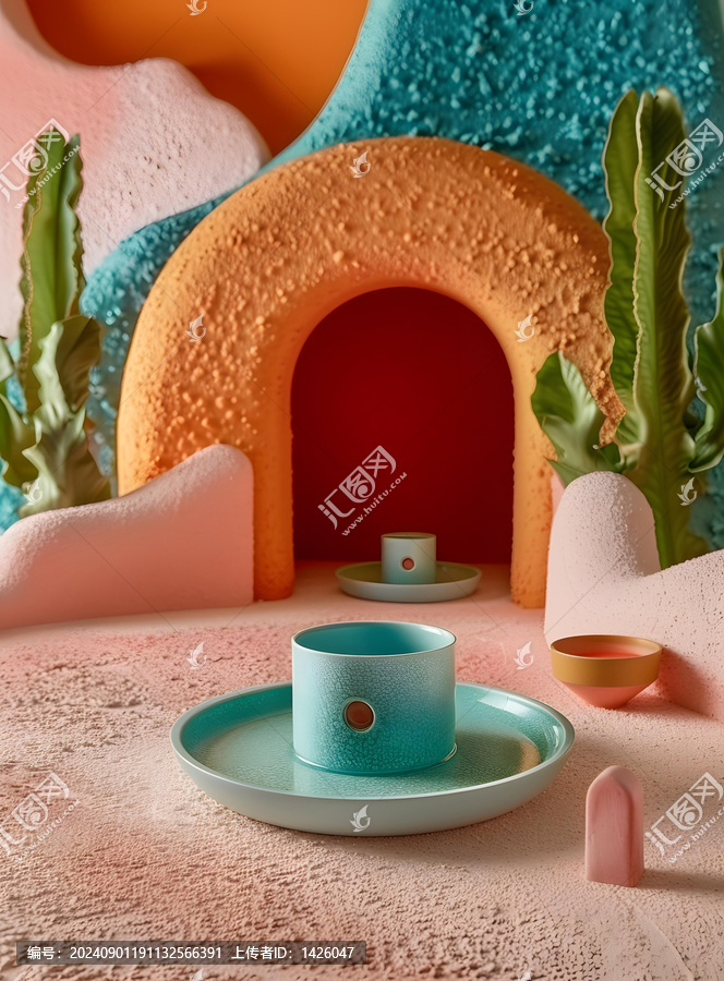 陶瓷杯碟與抽象彩色背景