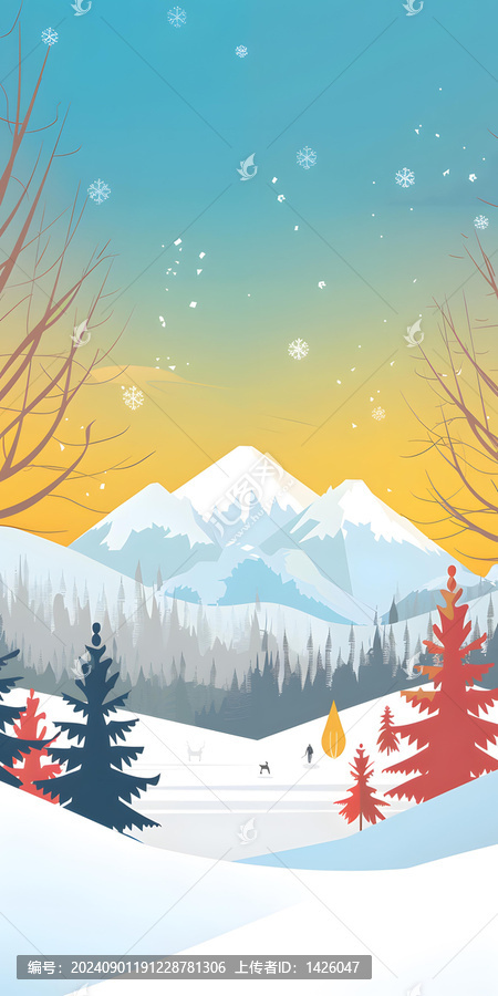 冬季雪景山脈樹木雪花