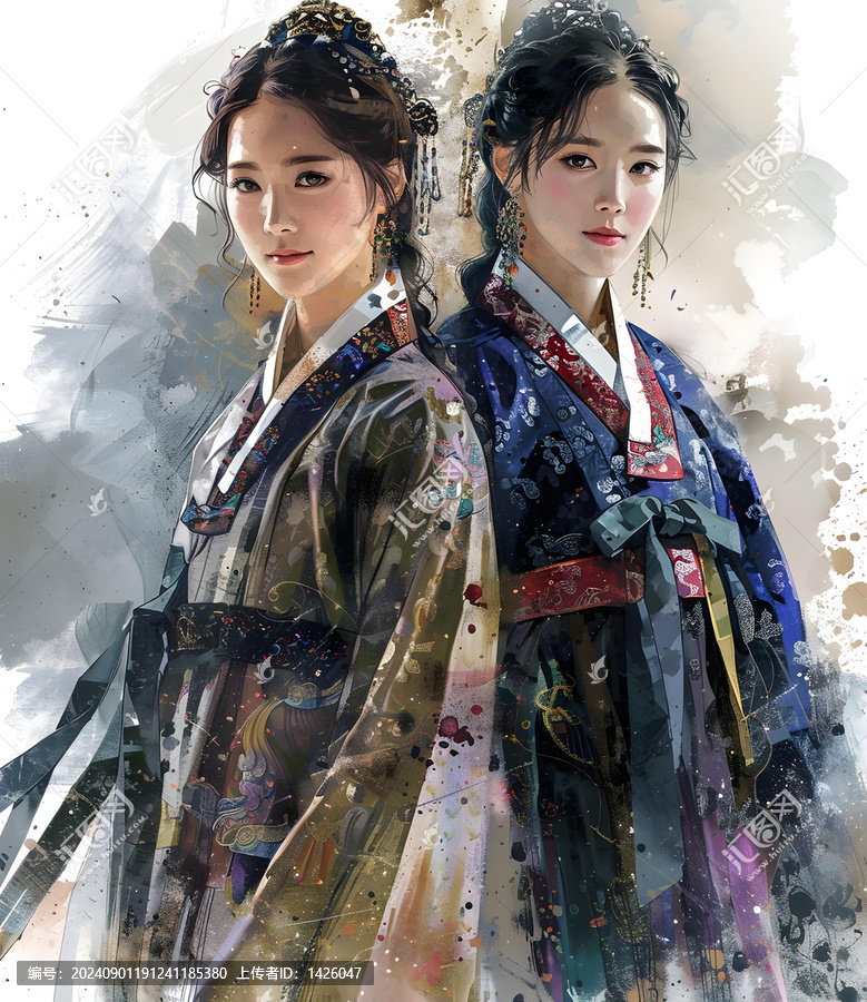 兩個(gè)身穿韓國(guó)傳統(tǒng)服飾的韓國(guó)女性，或韓服