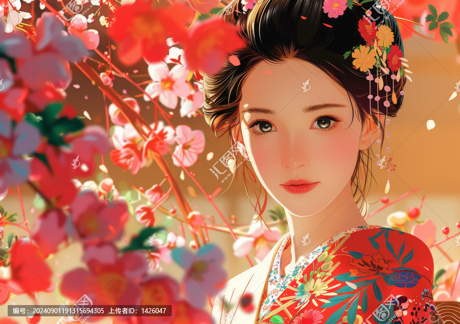 身著花卉和服的美麗女性