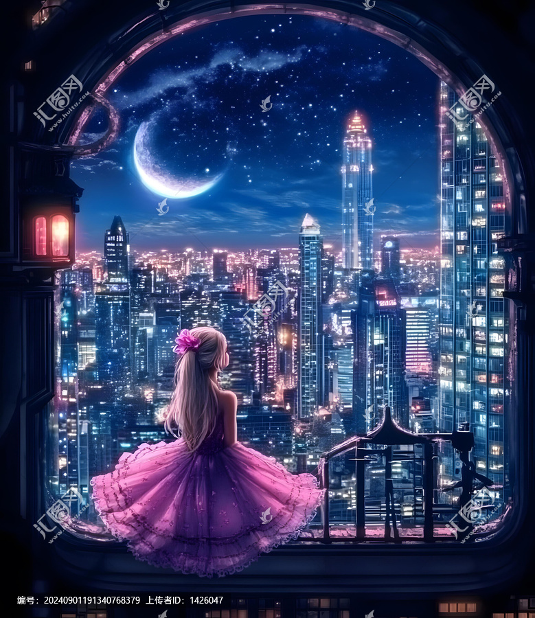 夜空中女孩在窗口欣賞城市夜景