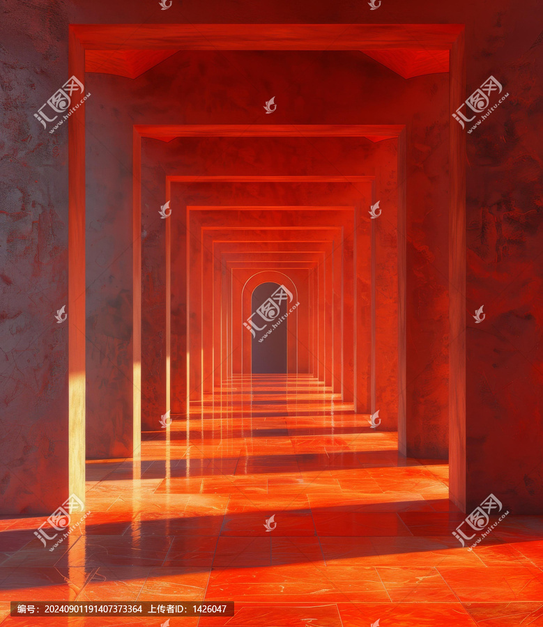 紅色墻壁和拱形門的狹窄空間