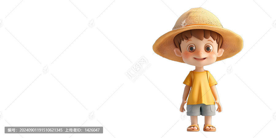 [免摳素材]可愛(ài)的三維卡通男孩形象，頭戴草帽，身穿黃色T恤