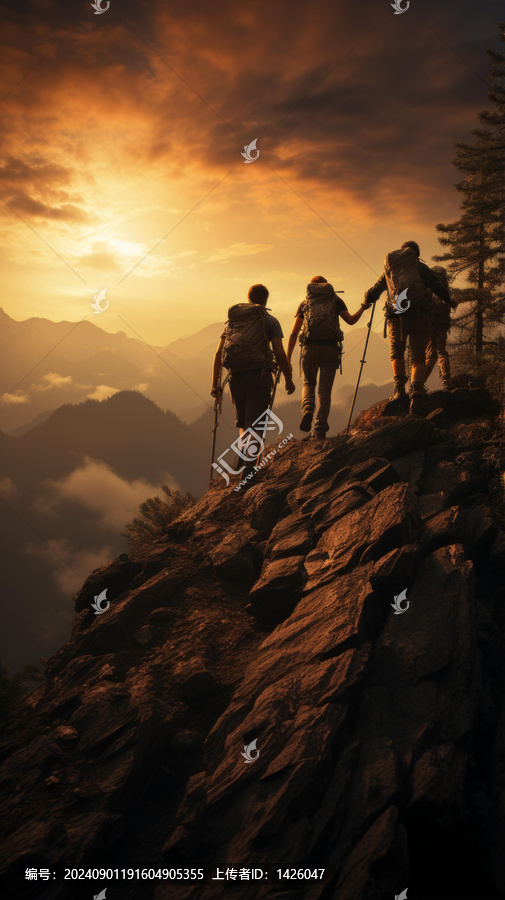 三個(gè)登山者在山頂欣賞日落