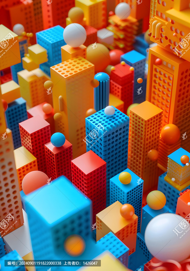 五顏六色的幾何形狀的3D渲染城市