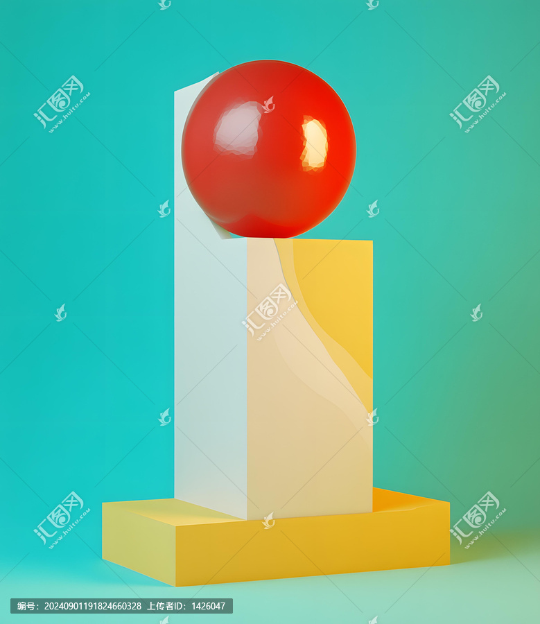 抽象幾何圖形,-,紅色球體與黃色白色平臺