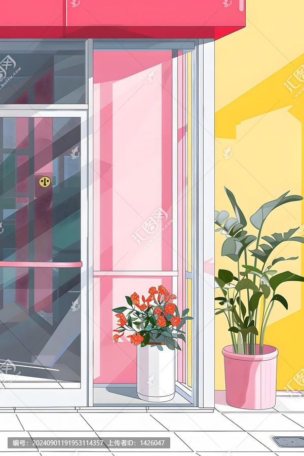 粉色和黃色店面的，門口擺放著盆栽