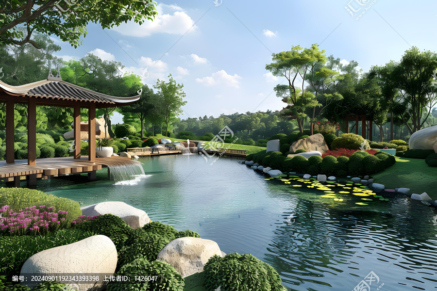 寧靜的日式庭院，瀑布和池塘景觀