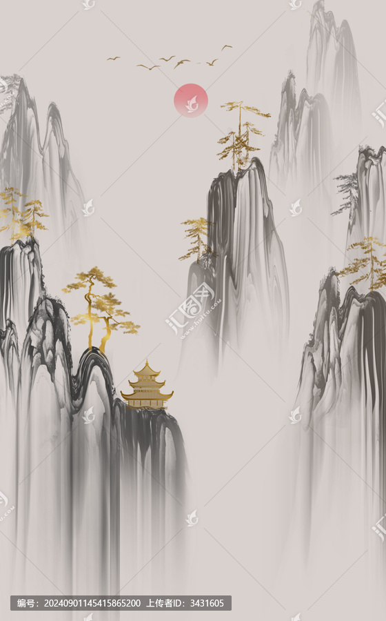 水墨背景酒店大堂壁畫