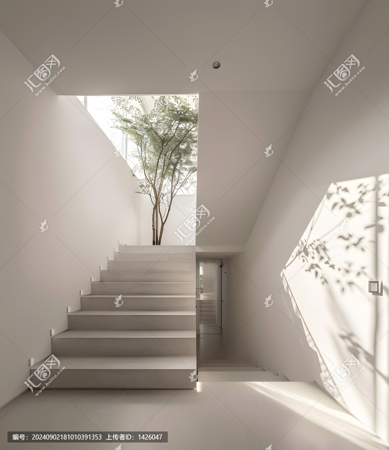 簡約現(xiàn)代的樓梯設(shè)計，帶有一個樹木