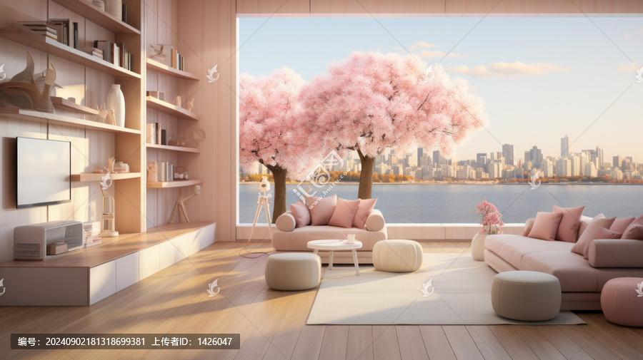 夢(mèng)境般的粉色客廳窗外是櫻花盛開(kāi)的景色