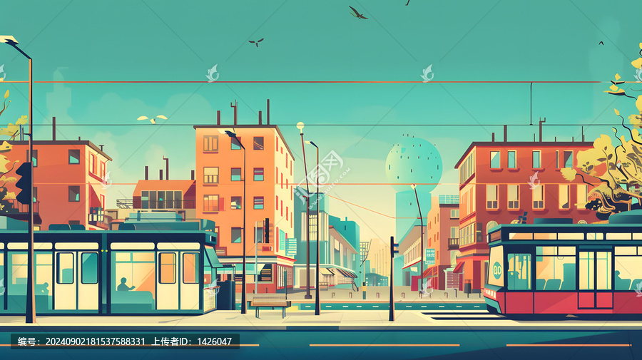 城市街景，有電車和建筑