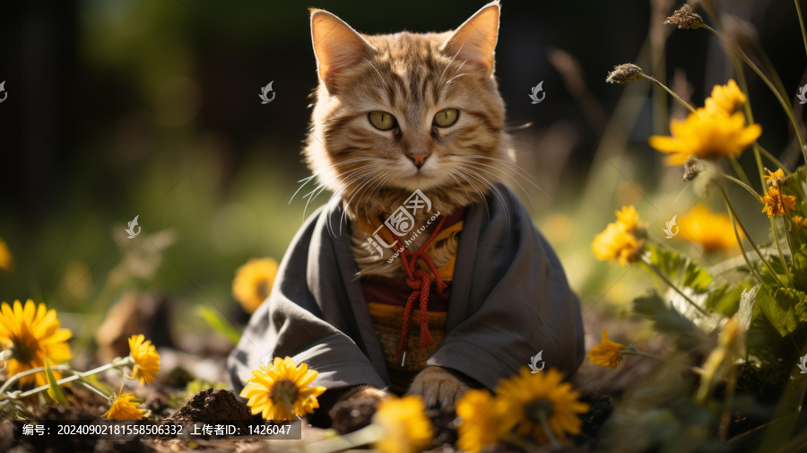 身穿和服的貓?jiān)谝淮笃S色的花田里