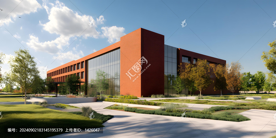 現(xiàn)代磚砌建筑與綠化景觀