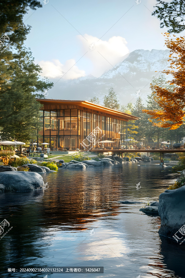 山間河流旁的現(xiàn)代木質(zhì)建筑