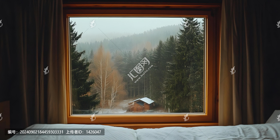 透過(guò)窗戶看雪景森林里的木屋
