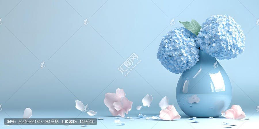 藍(lán)色花瓶中藍(lán)色的繡球花束